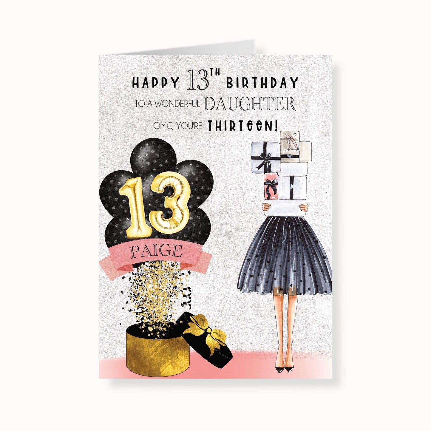 Polka Dot Balloons 13th Birthday Card, Personalised with Name of your choice, To A Wonderful Daughter, OMG You're Thirteen, Black Polka Dot Balloons with Girl holding gifts wearing a black polka dot skirt