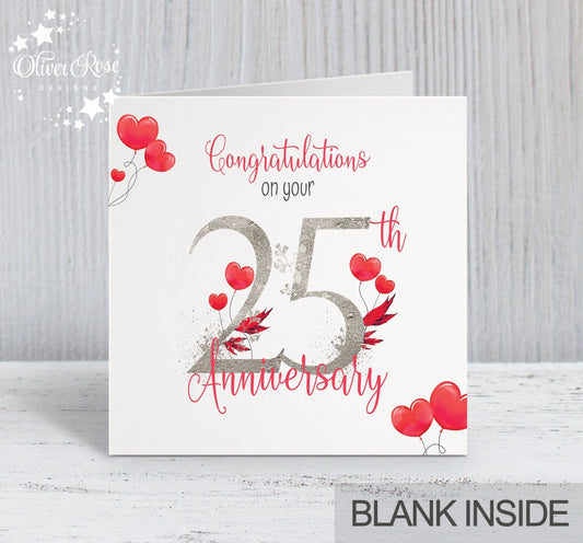 Red Hearts Anniversary Card - with years married (5.75" Square) - Oliver Rose Designs