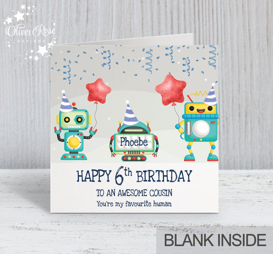 6th Birthday Card, Cousin Birthday Card, Personalised Birthday Card, Robot Theme Birthday Card