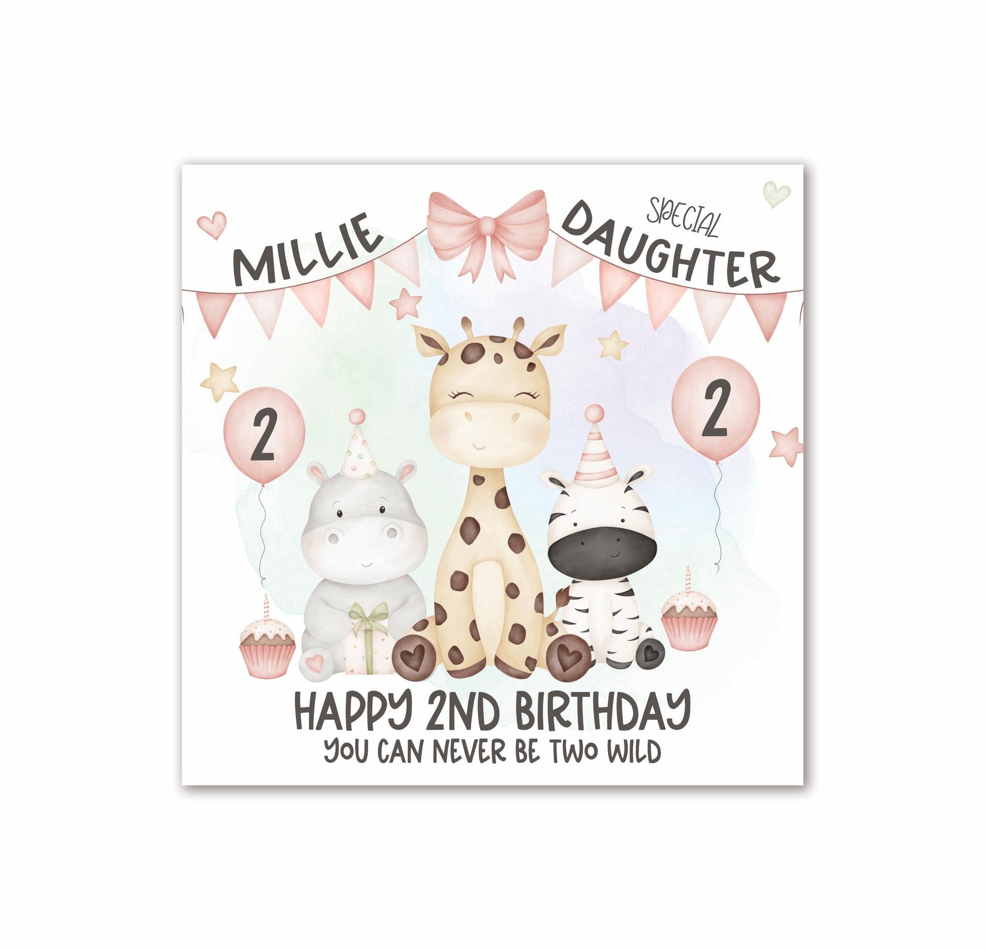 Safari Animals 2nd Birthday Card in PINK, Personalised with a Name, Special DAUGHTER, Happy 2nd Birthday Card, YOU CAN NEVER BE TWO WILD, Giraffe, Rhino & Zebra [Oliver Rose Designs]