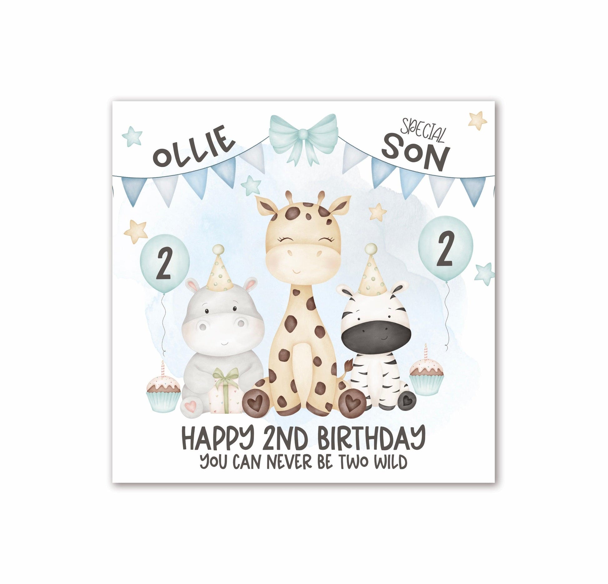 Safari Animals 2nd Birthday Card in BLUE, Personalised with a Name, Special SON, Happy 2nd Birthday Card, YOU CAN NEVER BE TWO WILD, Giraffe, Rhino & Zebra [Oliver Rose Designs]