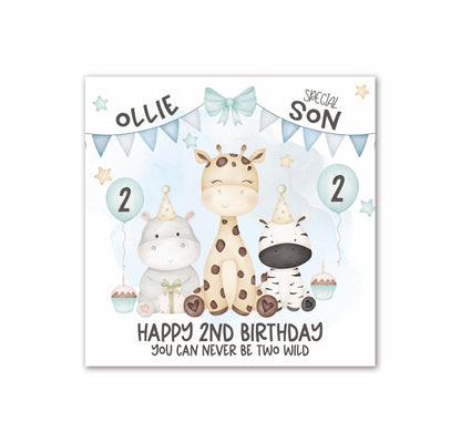 Safari Animals 2nd Birthday Card in BLUE, Personalised with a Name, Special SON, Happy 2nd Birthday Card, YOU CAN NEVER BE TWO WILD, Giraffe, Rhino & Zebra [Oliver Rose Designs]