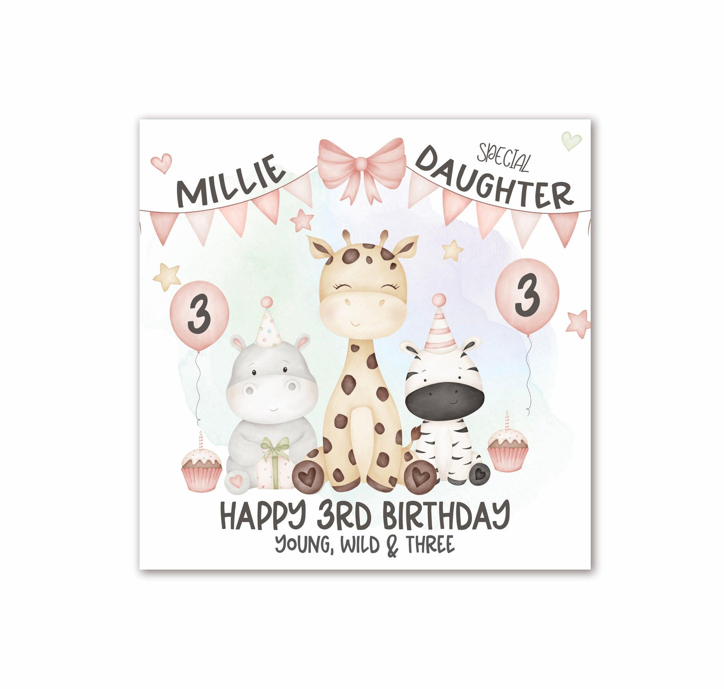 Safari Animals 3rd Birthday Card in PINK, Personalised with a Name, Special DAUGHTER, Happy 3rd Birthday Card, YOUNG, WILD & THREE, Giraffe, Rhino & Zebra [Oliver Rose Designs]