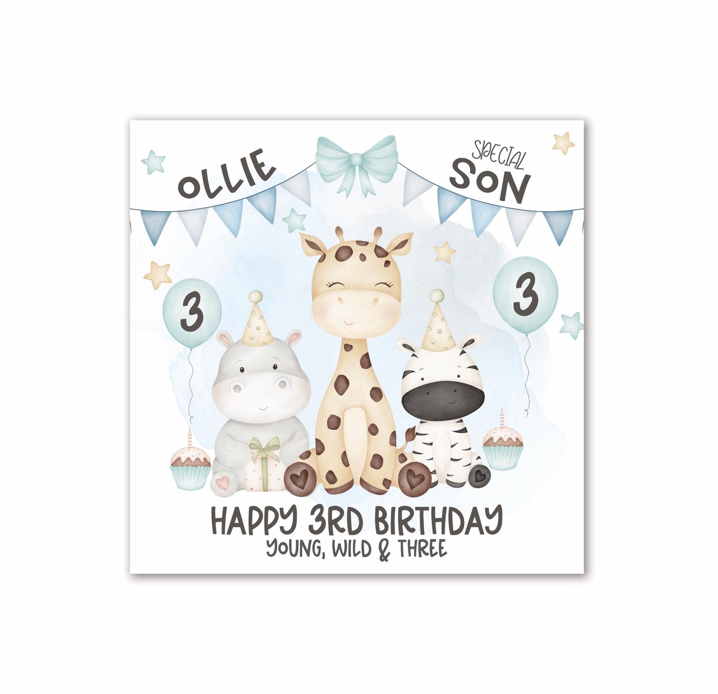 Safari Animals 3rd Birthday Card in BLUE, Personalised with a Name, Special SON, Happy 3rd Birthday Card, YOUNG, WILD & THREE, Giraffe, Rhino & Zebra [Oliver Rose Designs]