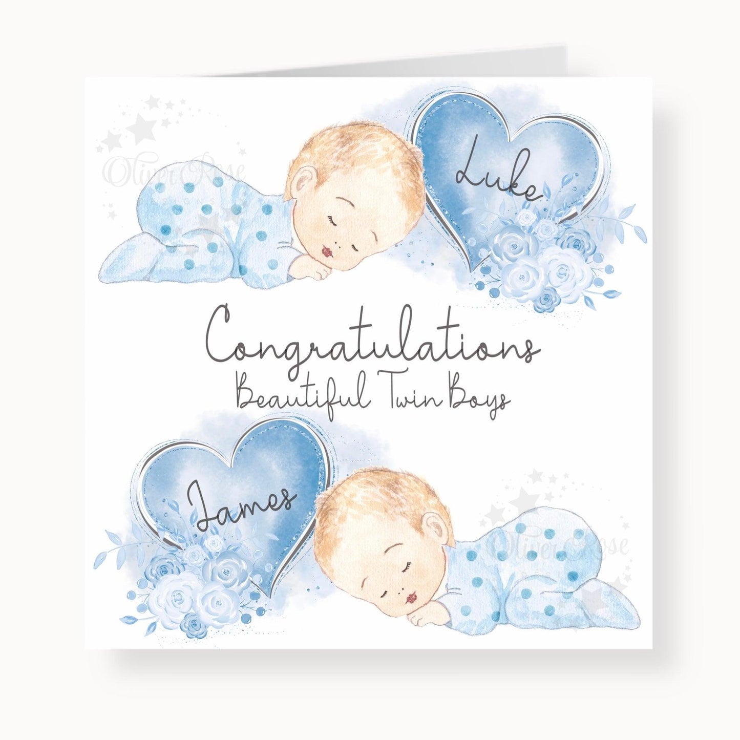 Newborn Baby Twin Boys Congratulations Card (5.75" - Blue & Blue) - Oliver Rose Designs