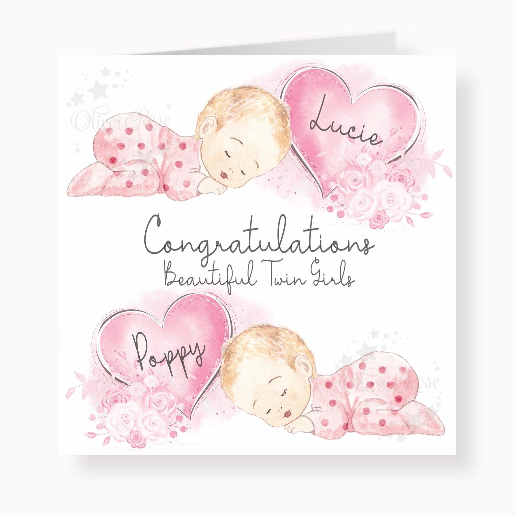 Newborn Baby Twin Girls Congratulations Card (5.75" - Pink & Pink) - Oliver Rose Designs