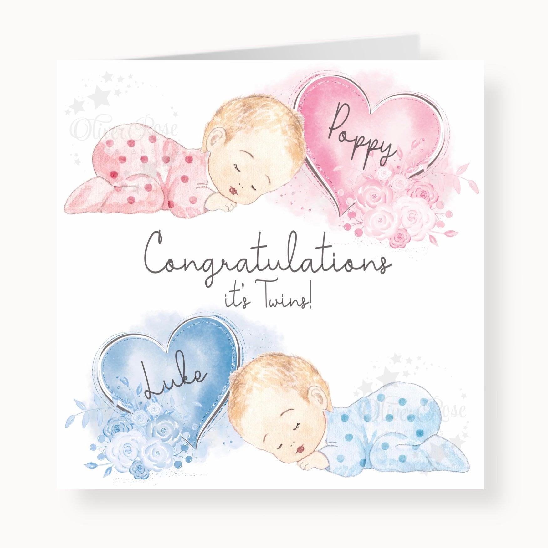 Newborn Baby Twins Girl & Boy Congratulations Card (5.75" - Pink & Blue) - Oliver Rose Designs