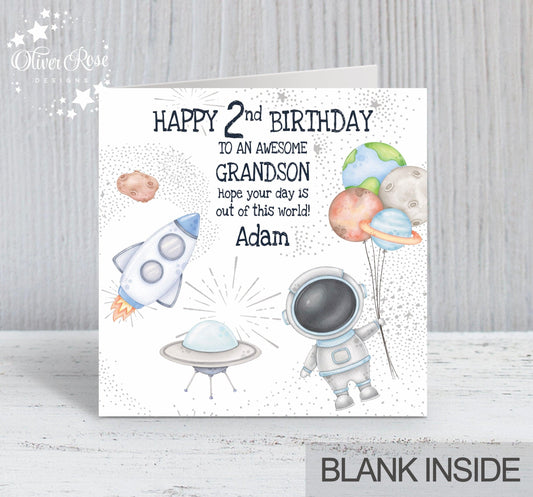 Space Theme Astronaut 2nd Birthday Card, Rocket, Spaceship, Planets, Asteroid, Spaceman, Grandson, Personalised, hope your day is out of this world