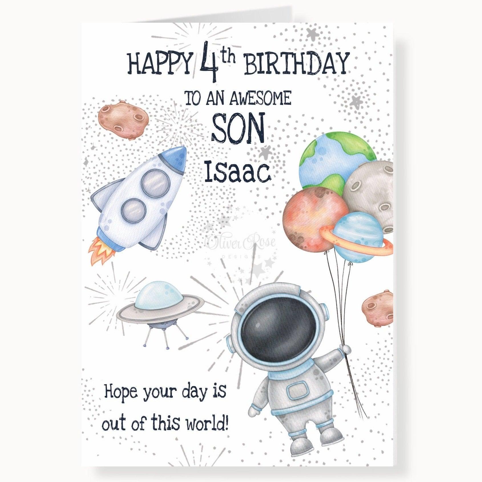 Space Theme Astronaut A5 Personalised 4th Birthday Card SON Hope your day is out of this world Rocket Asteroid Planets Spaceship Spaceman