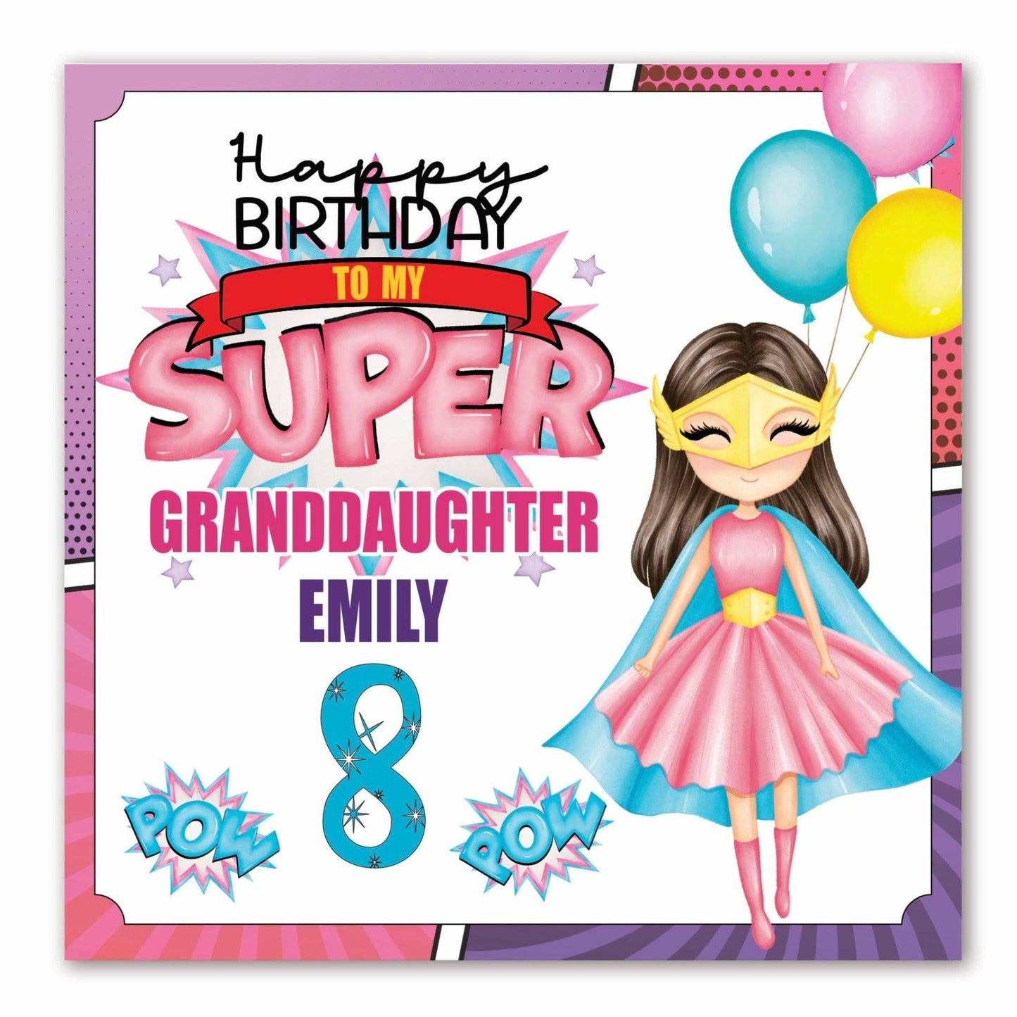 Super Hero Girls 8th Birthday Card for any Age (shown in Age 8) and any Relation (shown as Granddaughter) BROWN HAIR | Happy Birthday TO MY SUPER GRANDDAUGHTER [Name] | Oliver Rose Designs