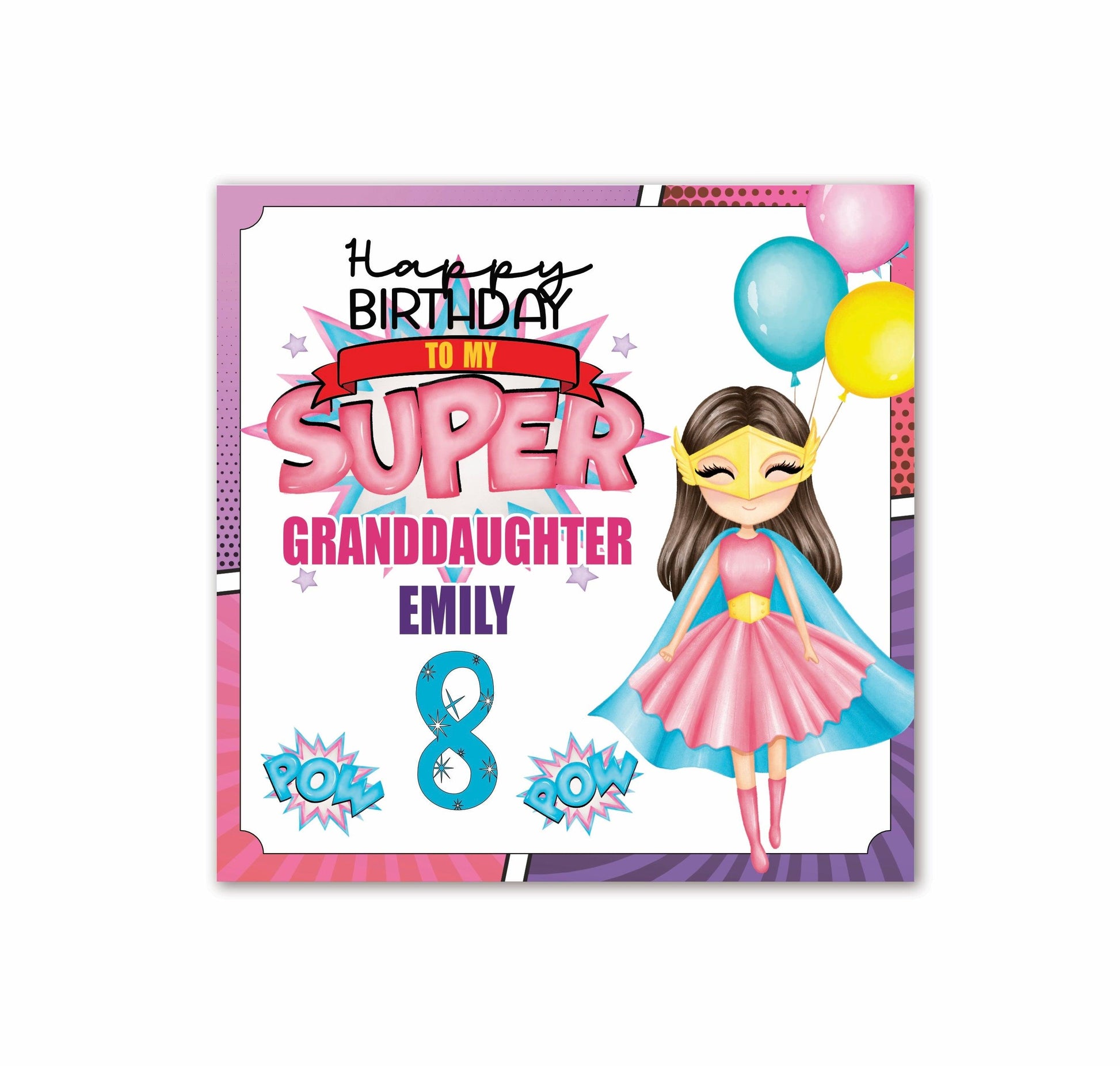 Super Hero Girls 8th Birthday Card for any Age (shown in Age 8) and any Relation (shown as Granddaughter) BROWN HAIR | Happy Birthday TO MY SUPER GRANDDAUGHTER [Name] | Oliver Rose Designs