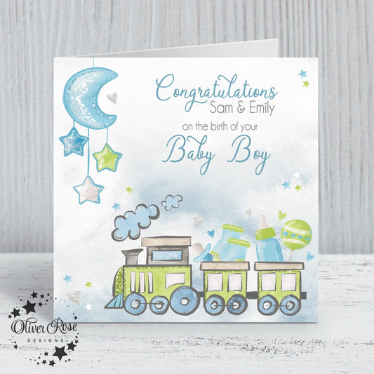 Train & Moon, New Baby Boy Card (5.75" Square) (Blue) - Oliver Rose Designs